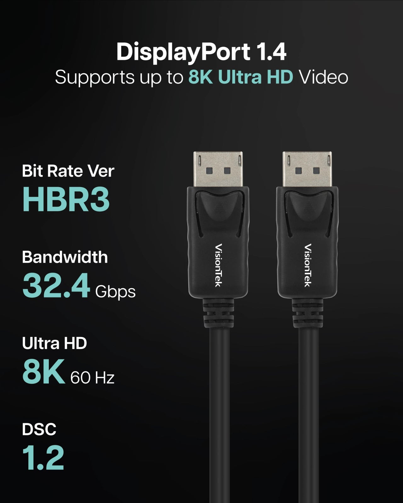 VisionTek.com - VisionTek DisplayPort 1.4 Cable | 9 ft 10 Inch (3M) - 50 Pack | 8K UHD | 4K 120Hz | High - Speed DisplayPort to DisplayPort Connection | Compatible with Monitors, TVs, Projectors