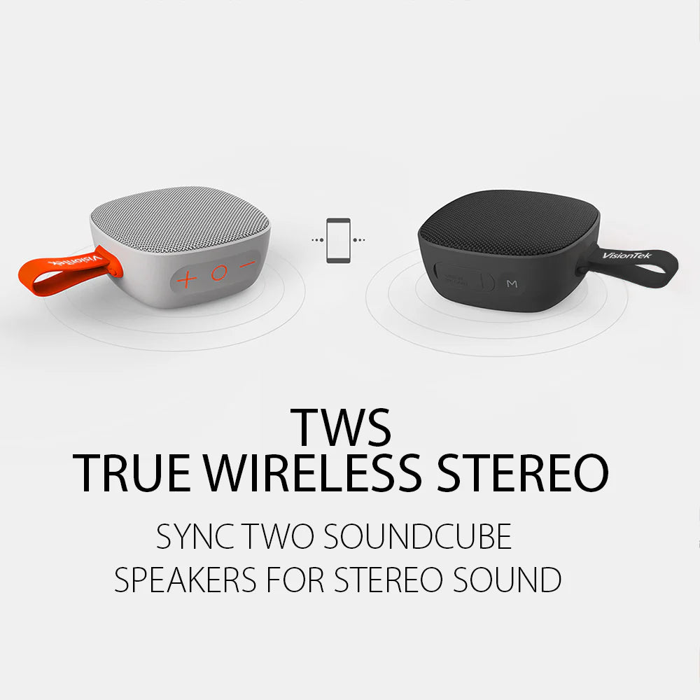 VisionTek.com - VisionTek SoundCube Wireless Bluetooth Speaker | IPX7 Waterproof | 6+ Hour Playtime | TWS Stereo | FM Radio | Built - in Mic | Bluetooth 5.0 | Black