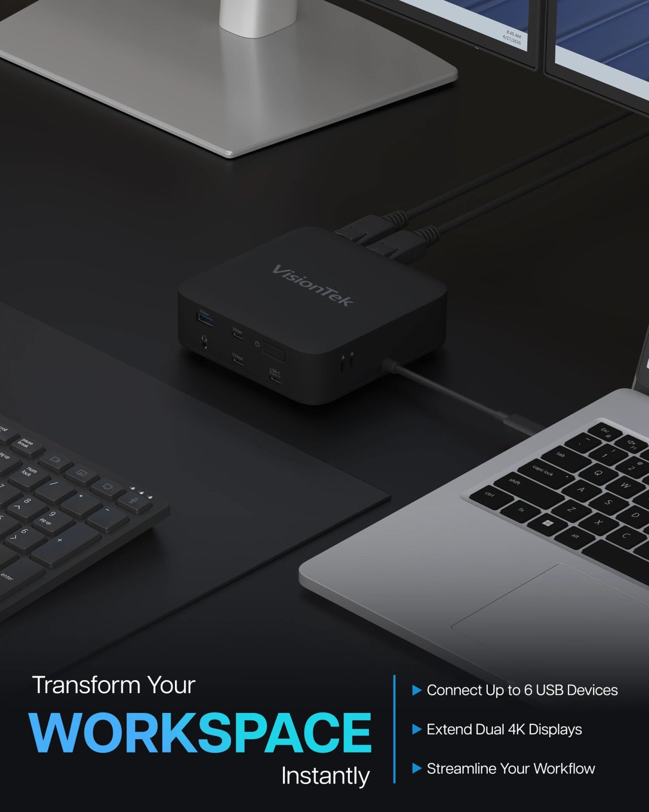 VisionTek.com - VisionTek VT1200DL Dual 4K Docking Station | USB - C or USB - A | 10 - in - 1 Dock | DisplayLink | 100W Power Passthrough | Windows, Mac, ChromeOS Compatible