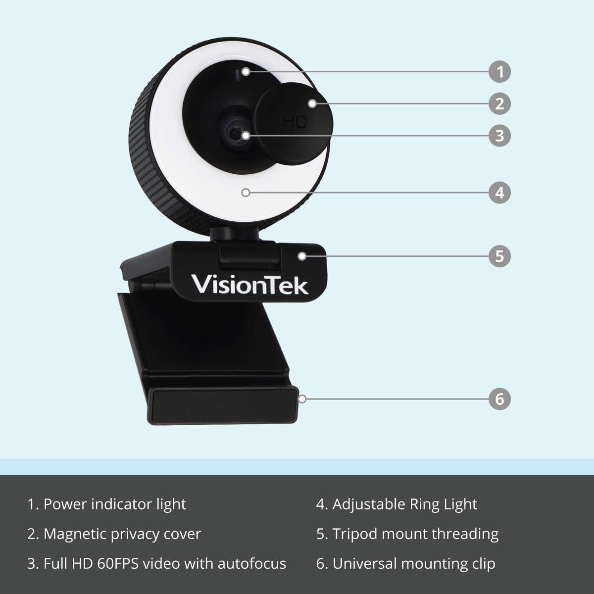 VisionTek.com - VTWC40 1080p Autofocus Webcam | Built - In Ring Light | 60FPS | Dual Mic | Privacy Cover | USB 2.0 | Plug - and - Play | PC, Mac, Chromebook Compatible
